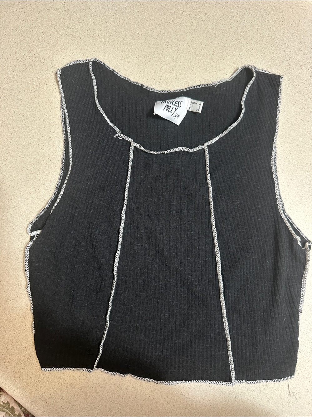 Princess Polly Black Ribbed Crop Tank with White Contrast Seams